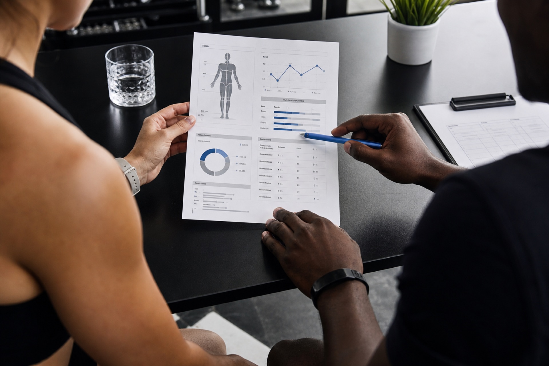 Coach and client reviewing body composition results together